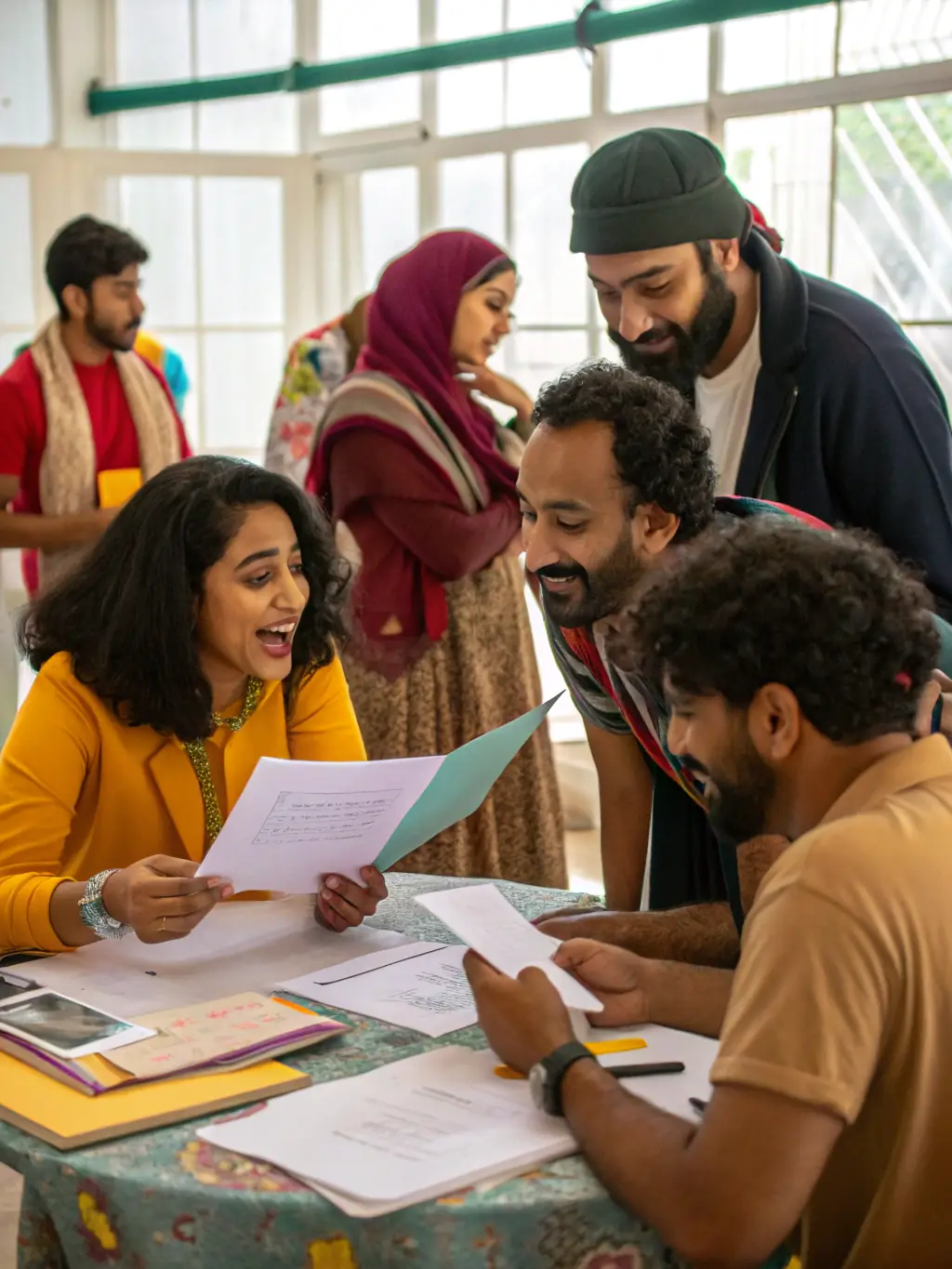A vibrant image of community members actively participating in a theatrical workshop, showcasing collaboration and engagement.