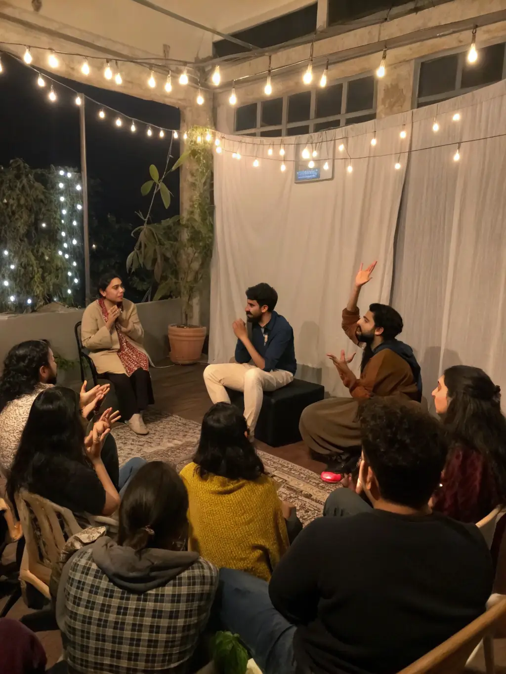 A photograph capturing the energy of a post-performance discussion, with audience members and artists exchanging ideas and perspectives.