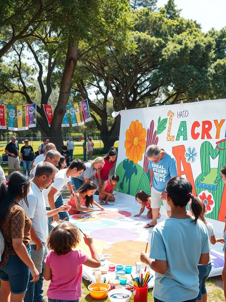 A photograph of a community outreach initiative by GRENIER DE BOURGOGNE, depicting artists and volunteers working with local residents to create public art or cultural projects.
