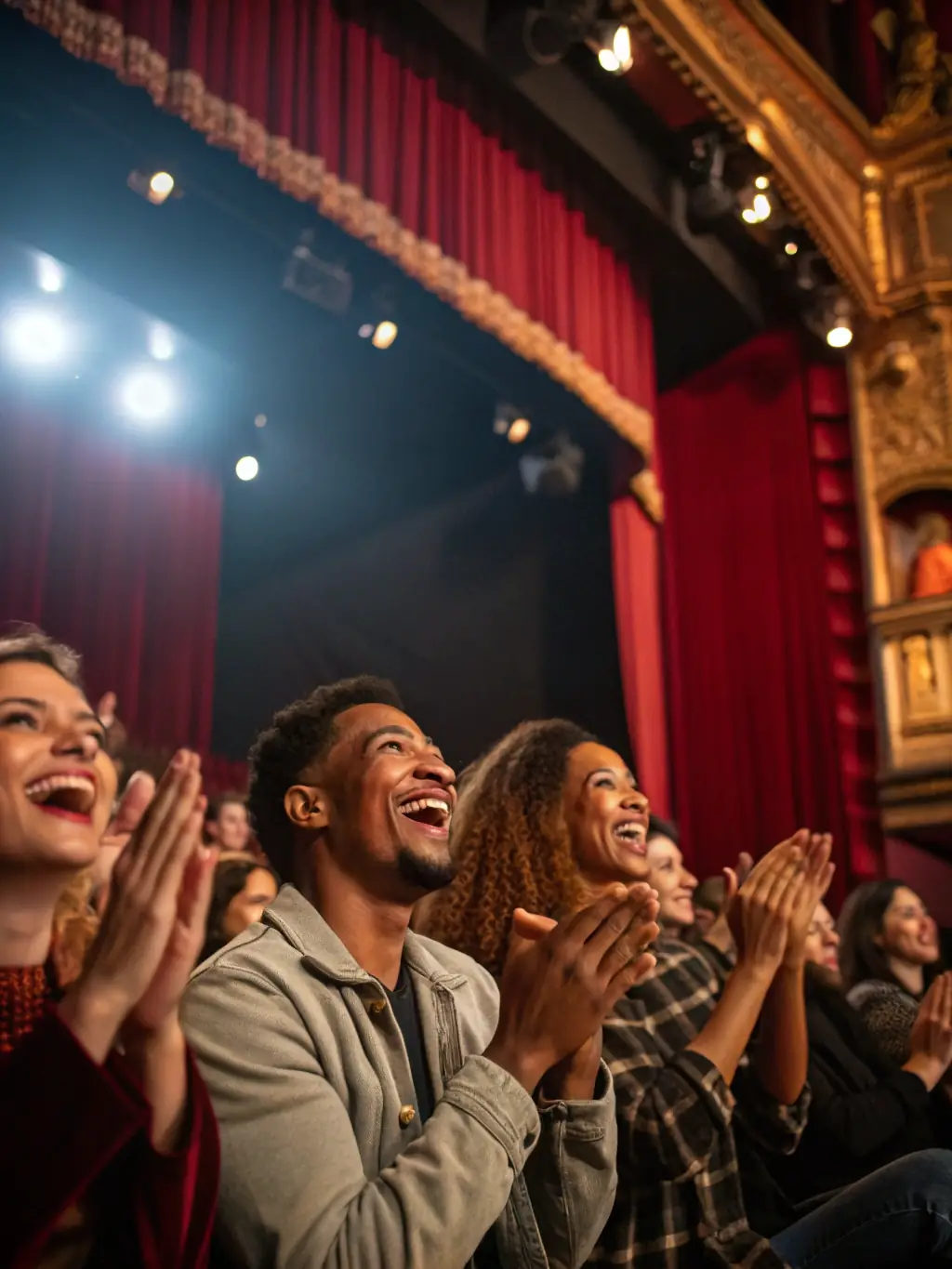 A captivating photograph of a diverse audience deeply engrossed in a theatrical performance, highlighting the emotional connection and impact of live arts.