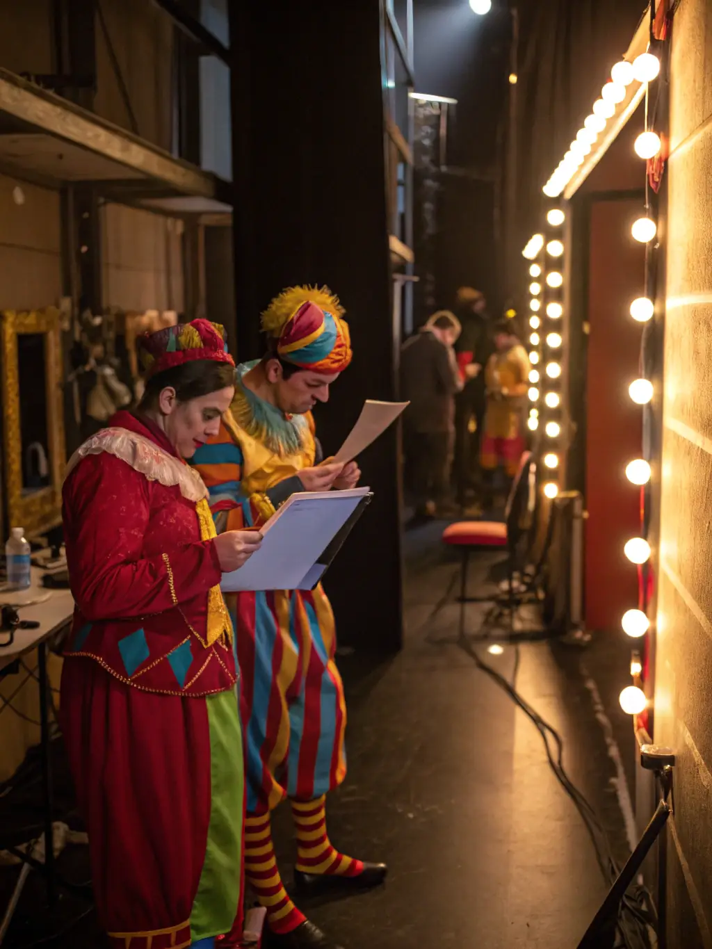 A dynamic image of artists collaborating backstage, preparing for a performance, emphasizing the support for artistic creation.