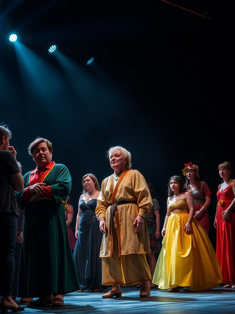 A vibrant photograph capturing a scene from a recent theatrical performance by GRENIER DE BOURGOGNE, showcasing actors in costume on stage with dynamic lighting and set design.